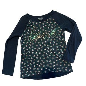 Children’s Place- Girls Blacks Long sleeve shirt, Rose Pattern, Size 7/8